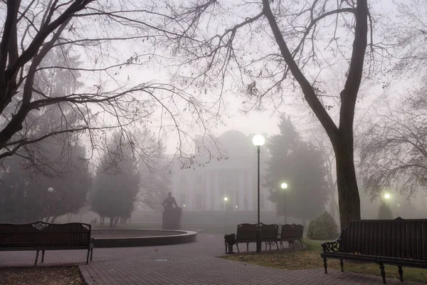 Cozy Benches City Foggy Park Fall Gomel Belarus 2020 — Stock Photo, Image