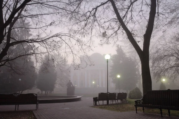 Bancos Acolhedores Parque Nebuloso Cidade Outono Gomel Bielorrússia 2020 — Fotografia de Stock