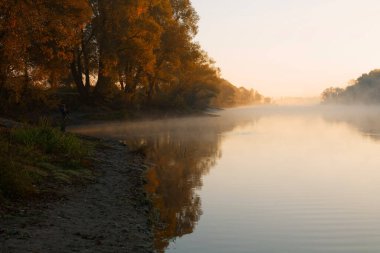 Erkekler yaz sabahı oltayla nehirde balık tutuyor. Güzel sis. 2020