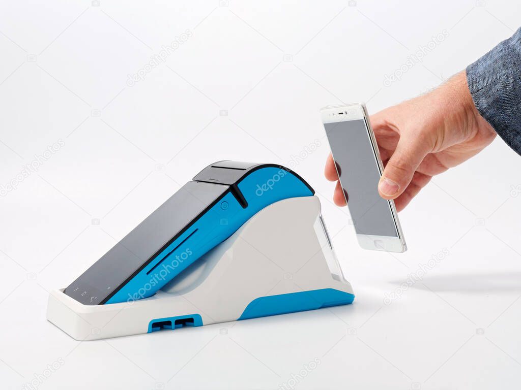 stylish portable cash register with stand GR code scanner on white background 2020