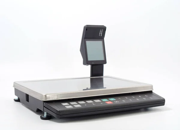 electronic scales and portable cash register with stand GR code scanner on white background 2020