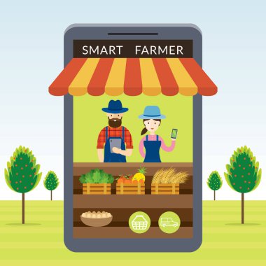 Online alışveriş veya mağaza konsepti, Modern tarım ve Pazar, şeylerin Internet ile akıllı çiftçi