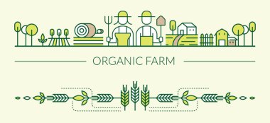 Organik Tarım hattı simgeler üstbilgi ve altbilgi, tarım, çiftçiler, Plantation, bahçıvanlık, dekorasyon