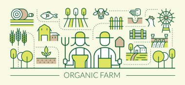 Organik Tarım hattı simgeler afiş, tarım, çiftçiler, Plantation, bahçıvanlık, dekorasyon
