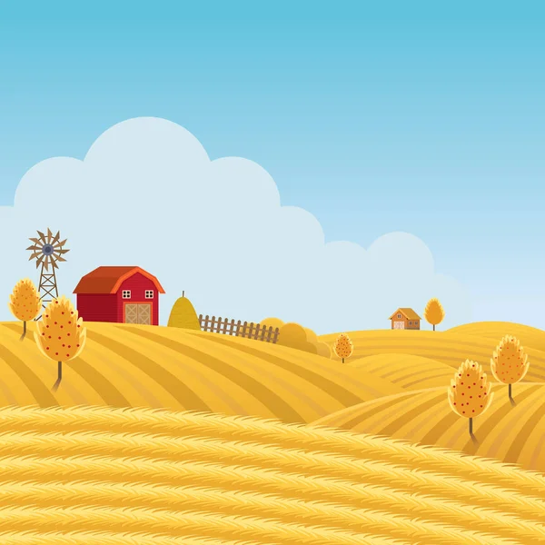 Bauernhof Auf Einem Hügel Mit Gelbem Oder Goldenem Feldhintergrund Landwirtschaft — Stockvektor