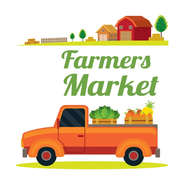 Podnieść Samochód Ciężarowy Produktu Farmy Rynku Rolników Rolnictwo Tło Zagroda — Wektor stockowy