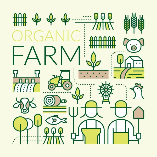 Linha Fazenda Orgânica Ícones Set Agricultura Agricultores Plantação Jardinagem Decorar — Vetor de Stock