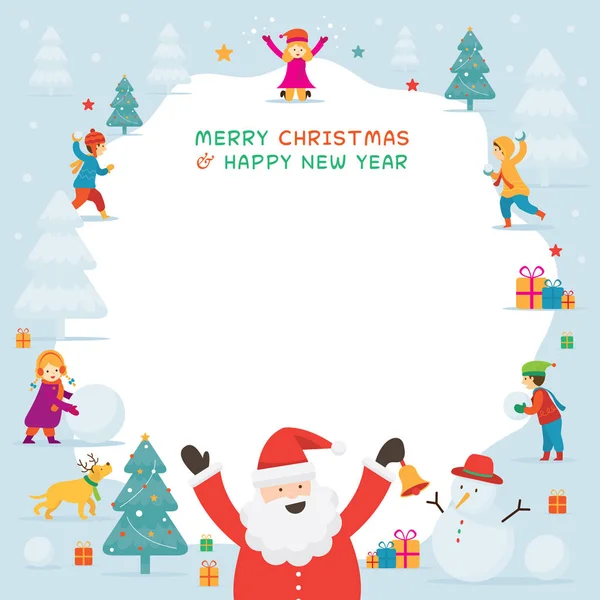 Santa Claus Con Niños Niños Jugando Nieve Marco Navidad Invierno — Vector de stock