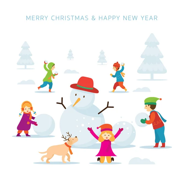 Enfants Enfants Construire Bonhomme Neige Jouer Neige Noël Hiver Célébration — Image vectorielle
