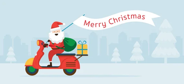 サンタ クロースの乗るスクーター クリスマス フラグ 贈り物 配信サービスのコンセプトを送信 — ストックベクタ