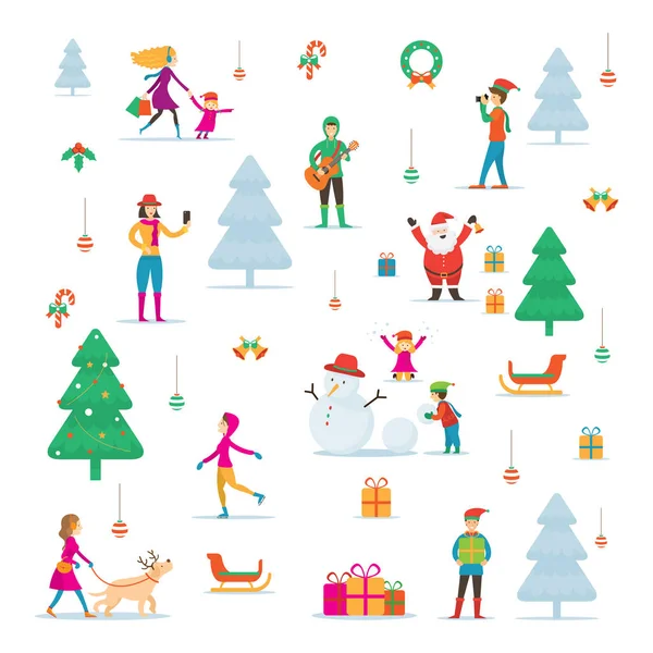 Christmas People Action Activity Outdoor Winter Background New Year Celebration — Stock Vector