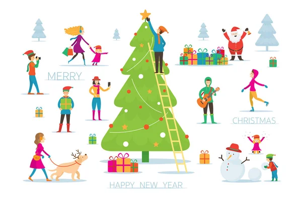 Рождество Люди Действии Деятельность Украшающее Дерево Новогодний Праздник Минимальный Стиль — стоковый вектор