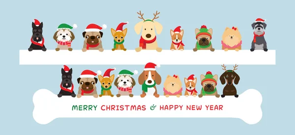 Собаки Носіння Різдво Костюм Холдингу Банер Зимовий Святкування Нового Року — стоковий вектор
