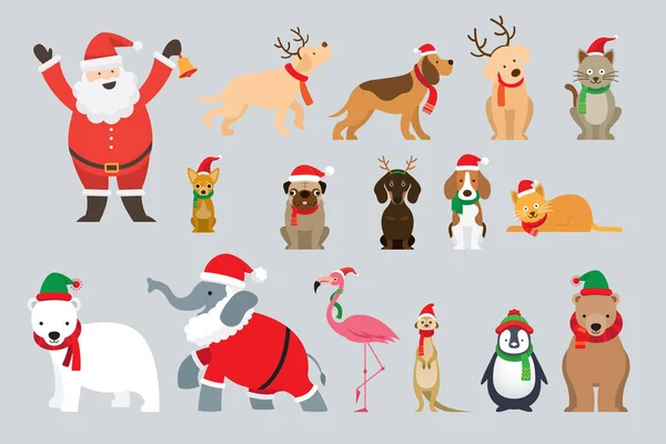 Санта Клаус Животные Рождественском Костюме Зимнем Новогоднем Празднике — стоковый вектор