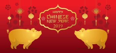 Altın domuz karakteri, Çince yeni yıl 2019, kırmızı arka plan, zodyak, tatil, tebrik ve kutlama