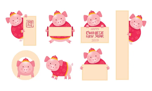 Conjunto Dibujos Animados Cerdo Con Cartel Año Nuevo Chino 2019 — Archivo Imágenes Vectoriales