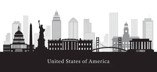 États-Unis d'Amérique, États-Unis, points de repère, en noir et blanc — Image vectorielle
