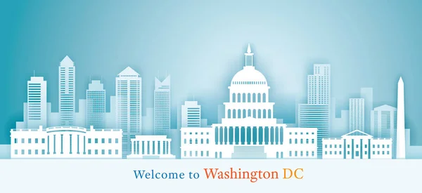 Washington DC, hitos Skyline fondo, estilo de corte de papel — Vector de stock