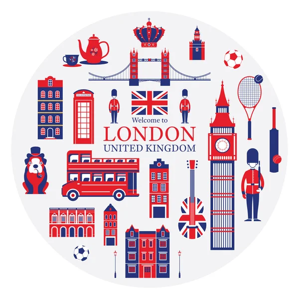 London, England und Vereinigtes Königreich Touristenattraktionen Label — Stockvektor