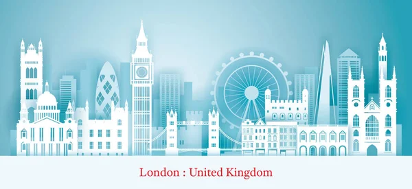 Londra, Inghilterra Luoghi di interesse Skyline Paper Cutting Style — Vettoriale Stock