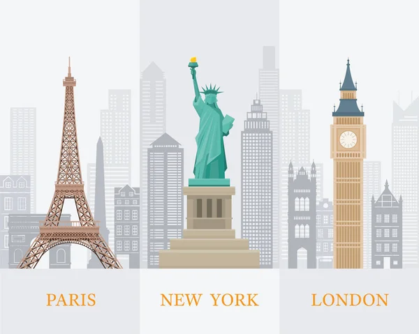 Torre Eiffel París, Estatua de la Libertad Nueva York, Big Ben Londres , — Archivo Imágenes Vectoriales
