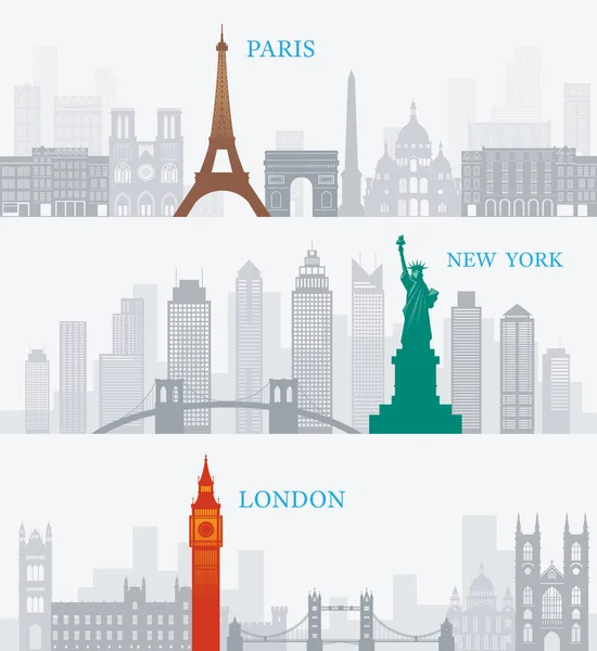 Eiffelturm paris, Freiheitsstatue new york, big ben london, — Stockvektor