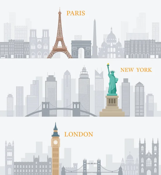 Tour Eiffel Paris, Statue de la Liberté New York, Big Ben Londres , — Image vectorielle