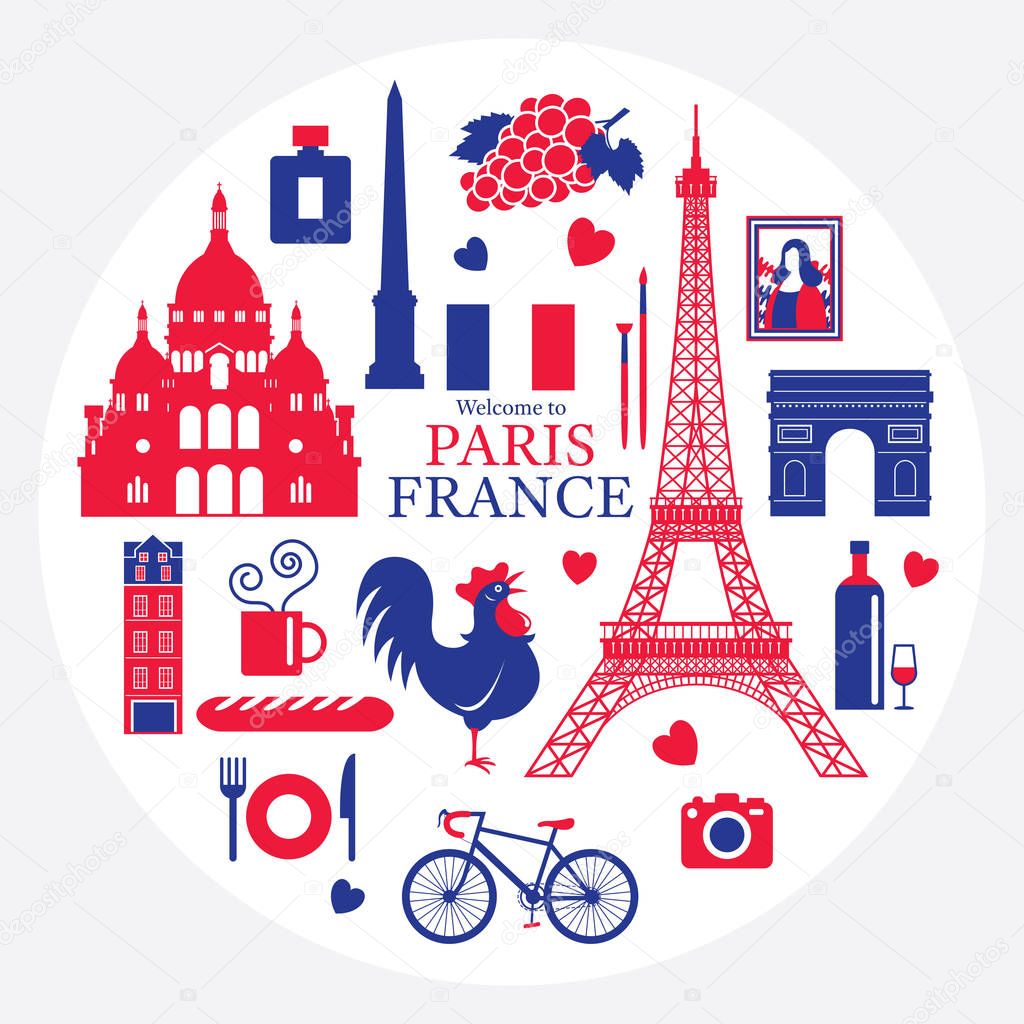 Paris, France Landmarks and Travel Objects Label