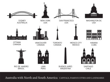 America Continent and Australia Cities Landmarks Silhouette clipart