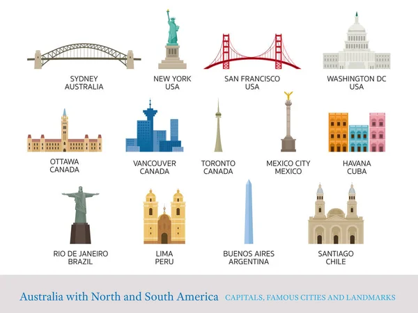 América Continente y Australia Ciudades Lugares de interés — Archivo Imágenes Vectoriales