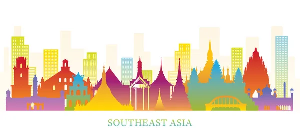 Południowo-Wschodnia Azja Skyline zabytki Colorful sylwetka — Wektor stockowy