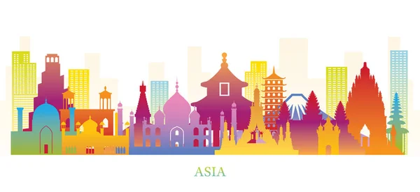 Ázsia Skyline iránypontok színes Silhouette — Stock Vector