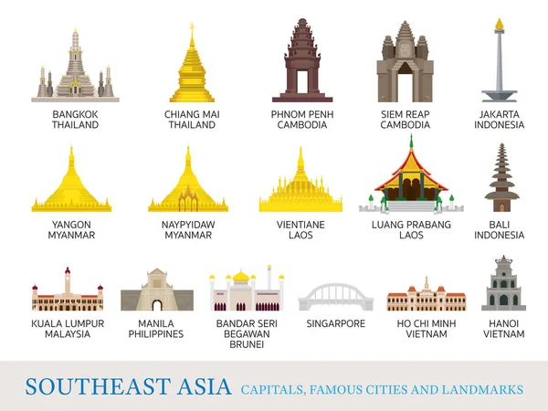 Sudeste Asiático Cidades marcos em estilo plano — Vetor de Stock