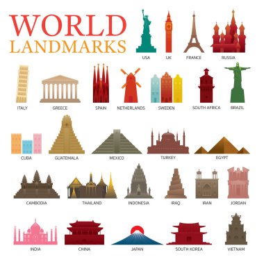 Dünya Ülkeleri Simgesel Yapılar Renkli Siluet Seti