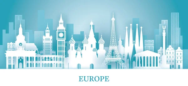 Europe Skyline Repères dans le style de coupe du papier — Image vectorielle