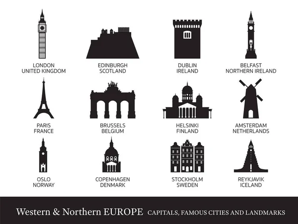 Europa Occidental y Septentrional Ciudades Lugares de interés Silhouette — Vector de stock