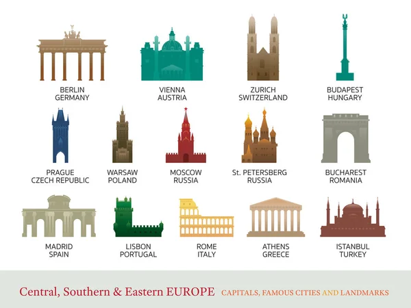 Lugares de interés de las ciudades de Europa central, meridional y oriental — Vector de stock