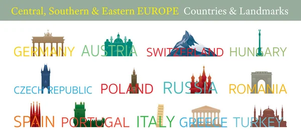 中央、南ヨーロッパ、東ヨーロッパ諸国のランドマークとTe — ストックベクタ