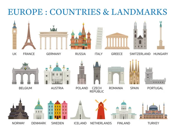 Europa ländernas landmärken i platt stil — Stock vektor
