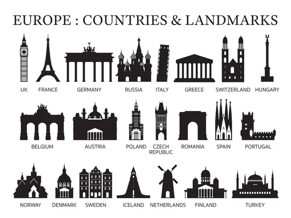 Силуэт достопримечательностей европейских стран — стоковый вектор