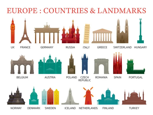 Europa länder landmärken färgglada silhuett — Stock vektor