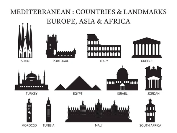 Mittelmeerraum Europa, Afrika, Asien Länder Sehenswürdigkeiten Silhouette — Stockvektor