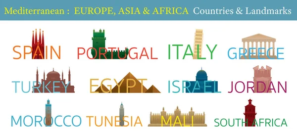 Mediterrán Európa, Afrika, Ázsia országok tereptárgyak szöveggel — Stock Vector