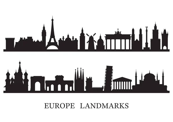 Európa Skyline nevezetességek Silhouette — Stock Vector