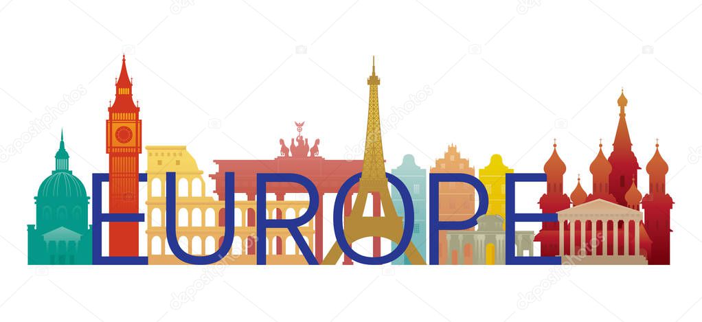Europe Skyline Landmarks with Text or Word