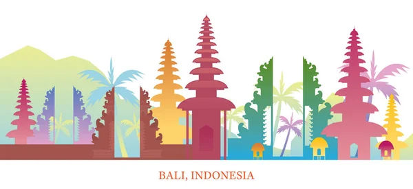 Bali, Indonesien Skyline Landmärken Färgglada Silhouette Bakgrund — Stock vektor