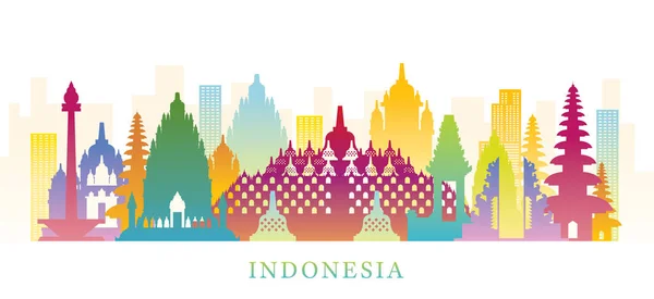 インドネシアスカイラインのランドマークカラフルなシルエットの背景 — ストックベクタ