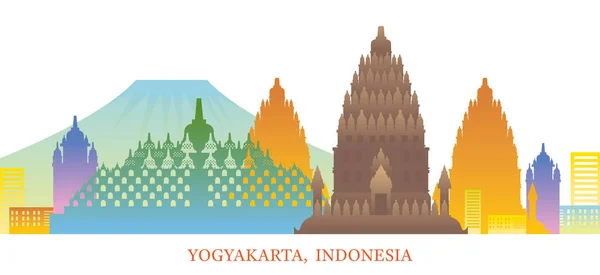 Yogyakarta, Indonesien Skyline Wahrzeichen bunte Silhouette zurück — Stockvektor