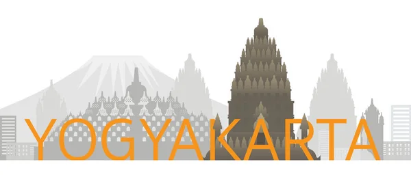 Yogyakarta, Indonézia Skyline Látványosságok szöveggel vagy Word — Stock Vector