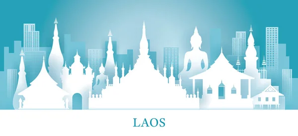Lugares de interés de Laos Skyline en estilo de corte de papel — Vector de stock